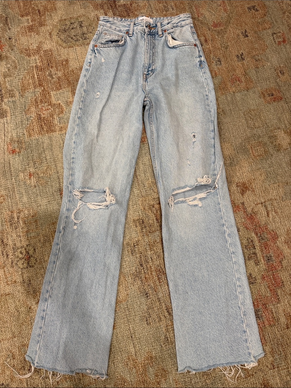 Zara Light Blue Distressed Wide-Leg Jeans